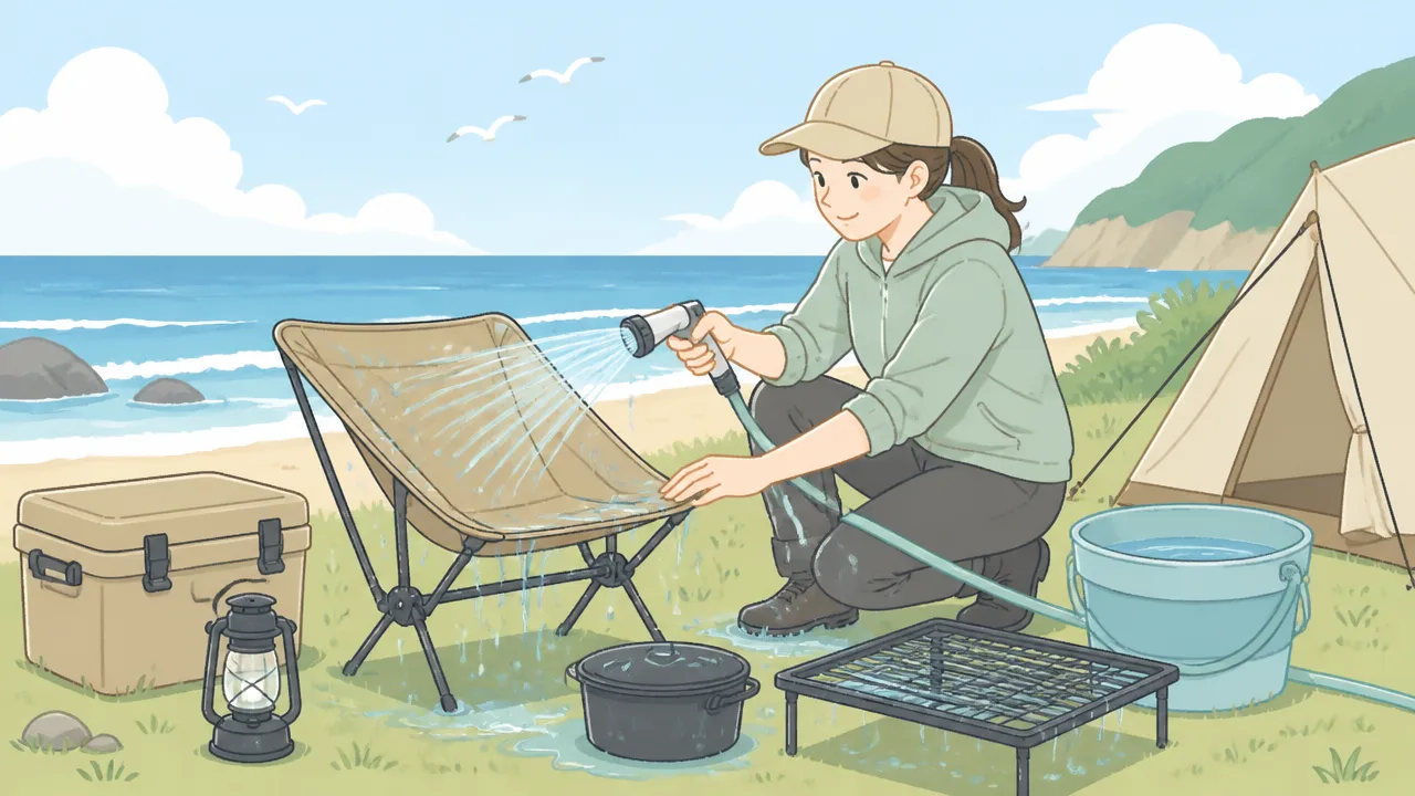 海沿いキャンプ後の塩分除去と水洗いメンテナンスの基本手順を解説