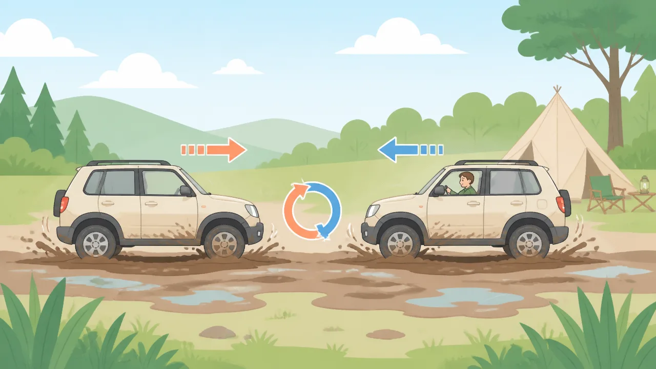 キャンプサイトのぬかるみで車がスタックした際の脱出方法と注意点