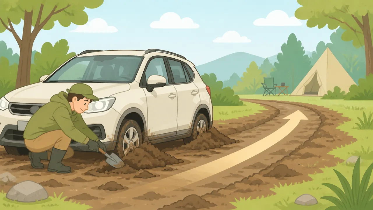 キャンプサイトのぬかるみで車がスタックした際の脱出方法と注意点